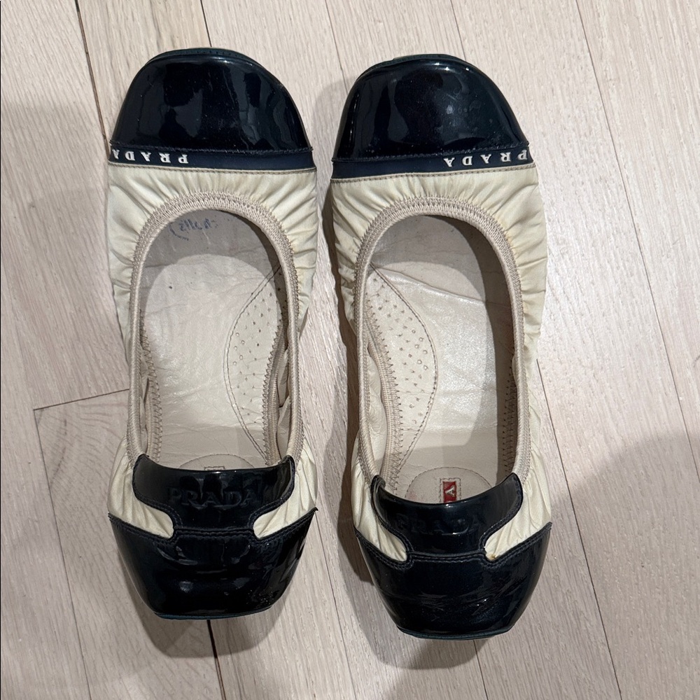 Prada Women's Cream and Navy Ballet Flats